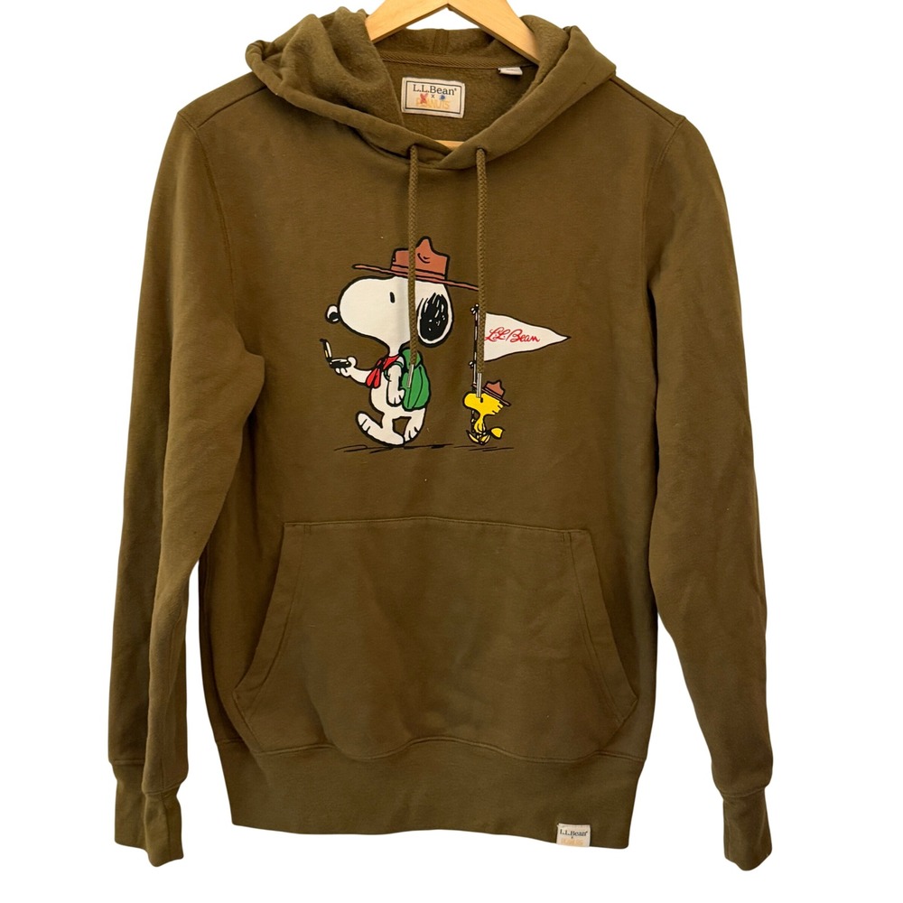 L.L. Bean Peanuts Hoodie XS Olive Green Excellent Snoopy Woodstock Beagle Scout‎